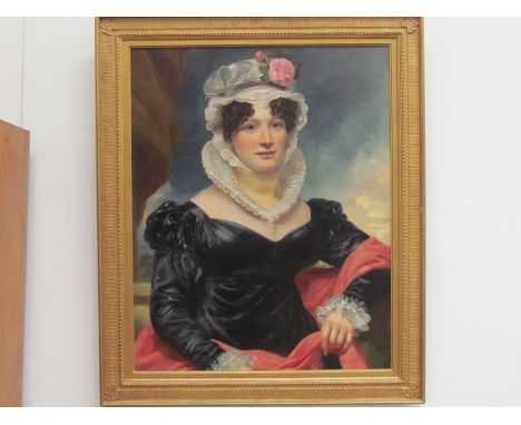 19th Century. English School. A portrait of an unknown lady, three quarter length, in a black dress with lace collar and bonn