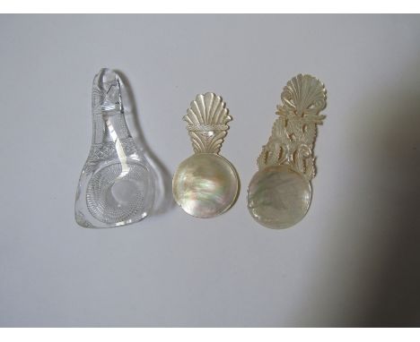 A rare 19th century glass caddy spoon, a William IV mother-of-pearl example with plumes and chinese dragons Circa 1830 and an