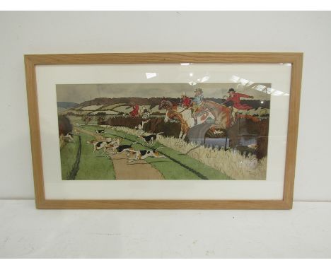 Hunting. A 19th century foxhunting print by the cartoonist Harry Elliott. 29cm x 64cm