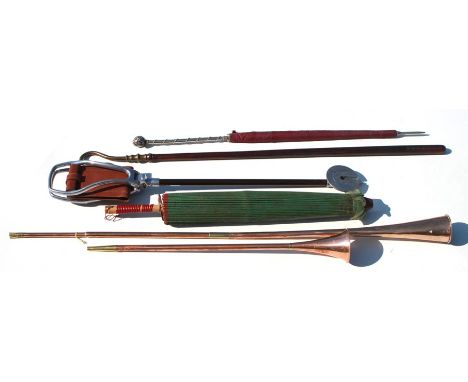 Two copper hunting hors, a shooting stick, a parasol and other items. (6)