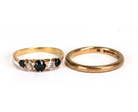 A 9ct gold, sapphire and diamond half-hoop ring, approx UK size 'K'; together with a 9ct gold wedding band, weight 3g, approx