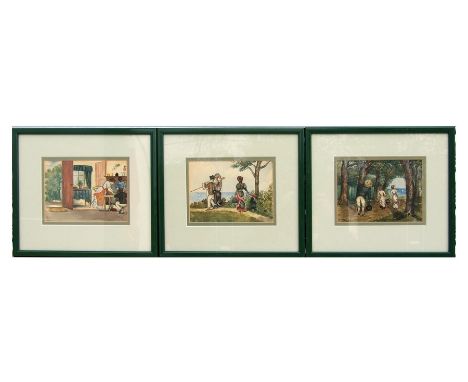 Ducie - a group of three watercolours depicting figures in interiors and figures in landscapes, framed &amp; glazed, each 18 