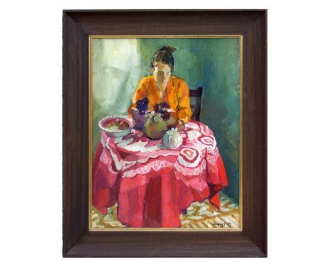 Dupeys (20th century school ) - Lucy at Breakfast - signed &amp; dated '99 lower right, oil on board, framed, 38 by 48cms (15