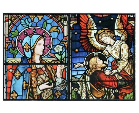 A pair of stained glass window prints, framed &amp; glazed, 60 by 81cms (23.5 by 31.75ins) (2).