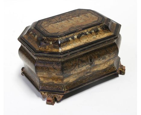 A 19th century Chinese Export lacquer two-division tea caddy decorated with gilded figures on a black ground, 24cms (9.5ins) 