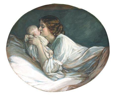 Late Victorian school - Portrait of a Mother and Baby - oval, watercolour, unframed, 54cms (21ins) wide.