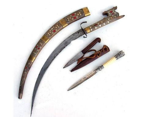 A Moroccan Nimcha and scabbard inlaid with white metal wire work, 61cms (24ins) long; together with a small sheath knife in l