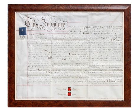 A 19th century indenture for a piece of land at Damory Court Farm Blandford, framed &amp; glazed, 60 by 49cms (23.6 by 19.3in