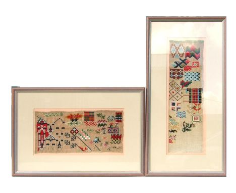 A Victorian embroidered panel demonstrating various patterns and stitches, 15 by 48cms and another similar, 18 by 38cms, both