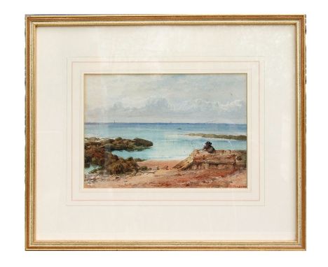 M S Wenhams - Figure on a Shoreline - signed lower right, watercolour, framed &amp; glazed, 24 by 17cms (9.5 by 6.5ins).