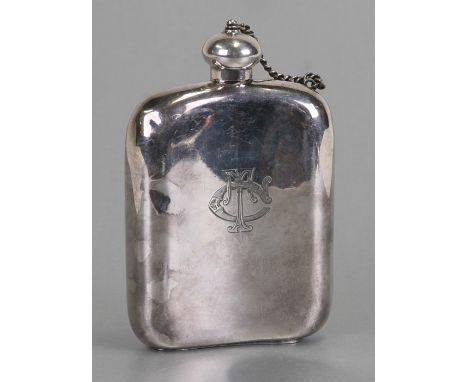 A WWI silver plated hip flask engraved with a garland and initials, dated 8.8.18, 10cms (4ins) wide.