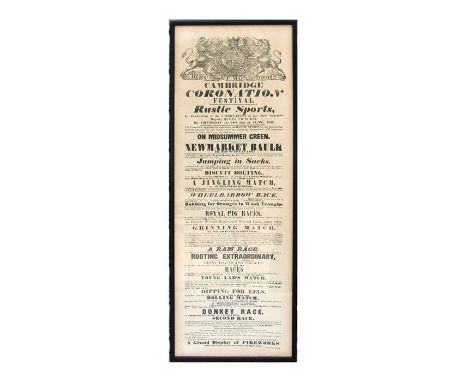 A Cambridge Coronation Festival hand bill in celebration of the Coronation of Her Majesty Queen Victoria, Thursday 28th June 