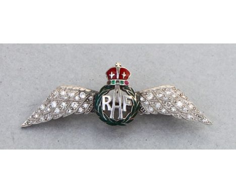 RAF interest.  An RAF sweetheart brooch, the wings pave set with diamonds, with central coronet and wreath in red and green e