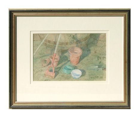 Dennis Roxby Bott RWS (modern British) - A Garden Scene with Hand Tools and Pots - watercolour, signed &amp; dated 1989 lower
