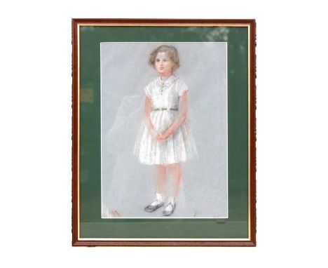 Hermione Hammond (British 1910-2005) - A full length portrait of a young girl wearing a white dress, pastel, framed &amp; gla