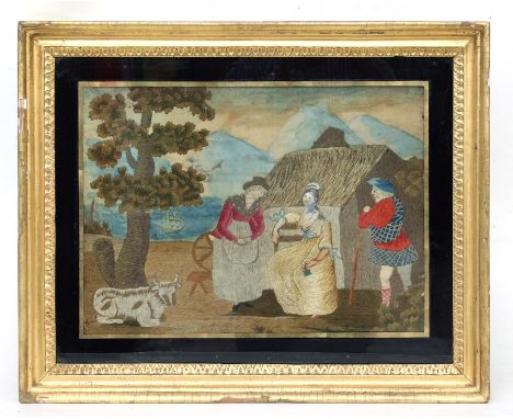 An 18th century woolwork picture depicting a Scottish gentleman wearing a kilt beside two ladies next to a croft, framed &amp