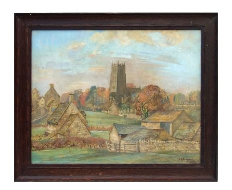 W K Hudson (early 20th century school) - Rural Scene with Central Church - signed lower right, oil on board, framed &amp; gla