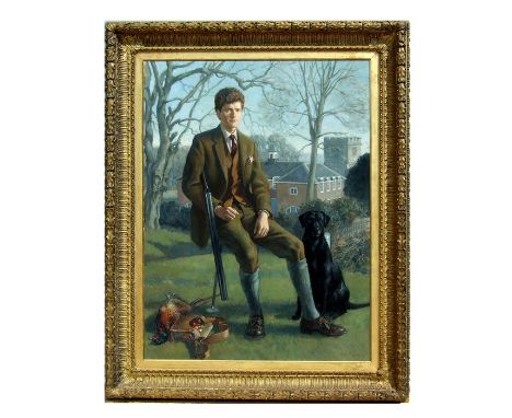 20th century school - Portrait of a Young Gentleman Seated on a Shooting Stick with his Shotgun and Retriever Beside Him with