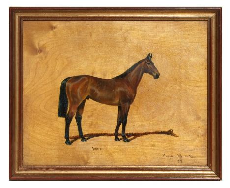 Carolyn Alexander (20th century British) - Portrait of Arkle - famous Irish racehorse of the 1960s - oil on wood panel, signe