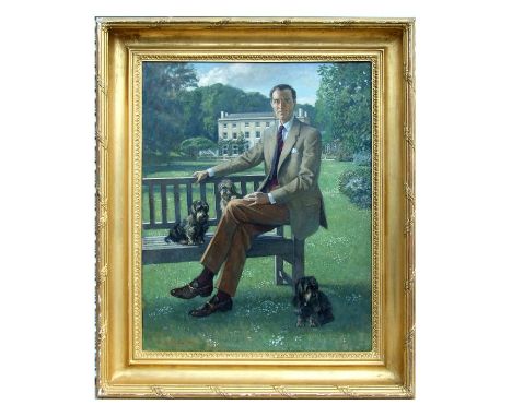 20th century school - Portrait of a Gentleman Seated on a Bench with his Three Dogs and Manor House in the Background - indis