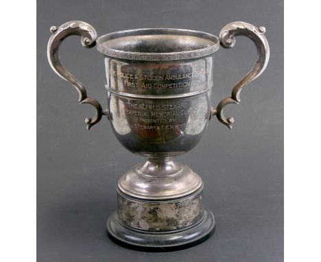 A large silver plated two-handled trophy cup, inscribed 'From Police &amp; St John Ambulance Brigade for First Aid Competitio