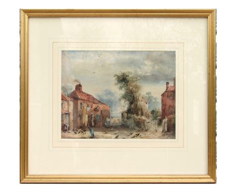 Victorian school - Farmyard Scene with Figures and Chickens - indistinctly signed lower right, watercolour, Swann Gallery lab