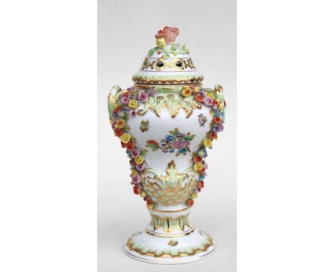 A  large Herend porcelain baluster vase and cover with rose finial, and applied flower decoration and twin loop handles. 36cm