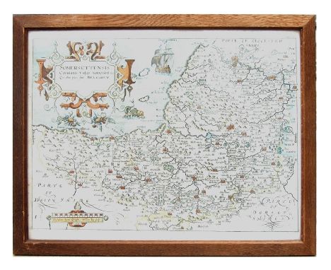 Saxton (Christopher) - a hand coloured map of Somerset, framed &amp; glazed, 40 by 31cms (15.75 by 12.25ins).