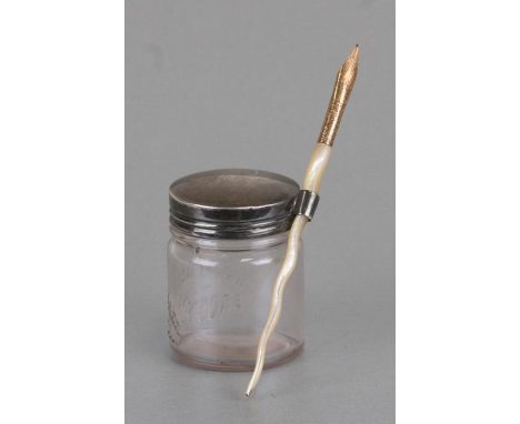A glass ink jar impressed 'Jas M Higgins &amp; Co, 3oz, Brooklyn, NY' with silver cover with pen holder, Chester 1914; togeth
