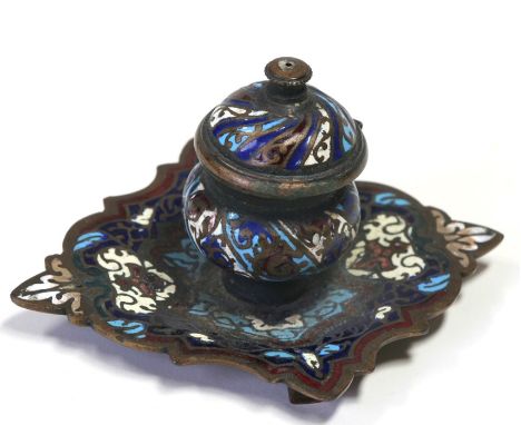 A champlevé enamel inkwell, 5cms (2ins) high.