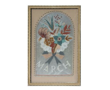 Military Interest.  A sweetheart embroidery dated March 1918 - 1943, framed &amp; glazed, 29 by 46cms (11.5 by 18ins).