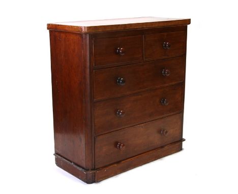 A Victorian mahogany chest of two short and three graduated long drawers, on a plinth base, 101cms (39.25ins) wide.Condition 