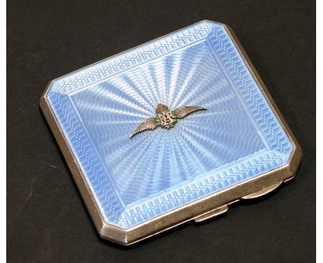 RAF interest.  A silver &amp; blue guilloche enamel compact with applied silver &amp; enamel RAF wings, Birmingham 1939, weig