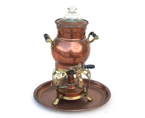 An early 20th century Art Nouveau copper &amp; brass coffee percolator with spirit burner and stand.