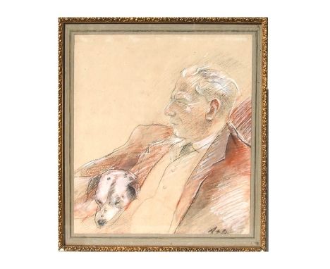 20th century British school - Portrait of a Gentleman in Profile with his Sleeping Dog - crayon and pastel heightened with ch