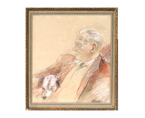 20th century British school - Portrait of a Gentleman in Profile with his Sleeping Dog - crayon and pastel heightened with ch