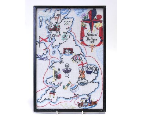 A mid century embroidery - Festival of Britain 1951', depicting the British Isles, framed &amp; glazed, 21 by 31cms (8.25 by 