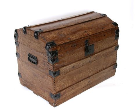 A metal bound painted dome topped trunk, 67cms (26.5ins) wide.