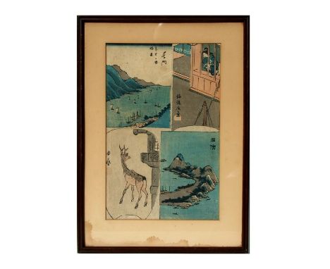 A Japanese hand coloured woodblock print depicting a deer, a mountain scene, a harbour scene and a lady in a building, each p