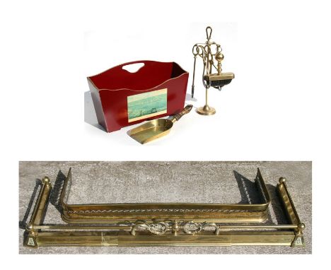 A Victorian style brass fender, 150cms (59ins) wide; together with another similar with pierced decoration, 110cms (43ins) wi