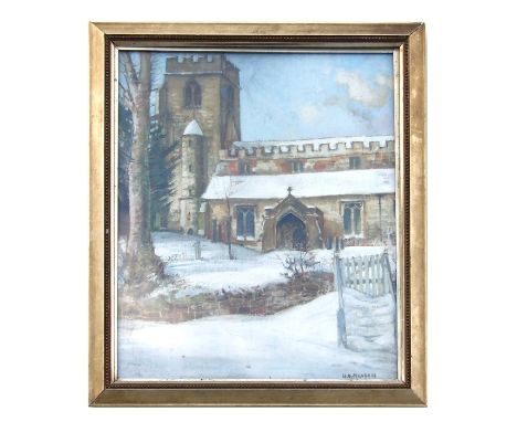 W K Hudson (Early 20th century school) - Snowy Churchyard Scene - signed lower right, oil on board, with portrait sketch to v
