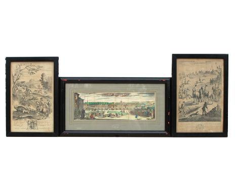 Two Richard Blome engravings - Hunting Wild Boar - and - Horse Racing - both framed &amp; glazed, 22 by 36cms (8.5 by 14ins);