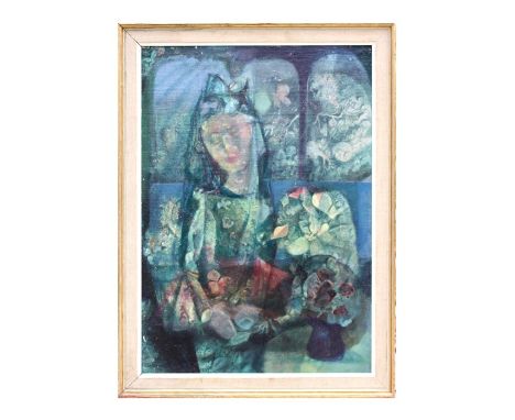 Harold Hitchcock - Primavera - portrait of a young lady with flowers - oil on board, signed lower left, framed, 35 by 50cms (