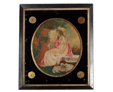 An 18th century woolwork on silk picture of a shepherdess and her flock, framed &amp; glazed, 24 by 29cms (9.5 by 11.5ins).