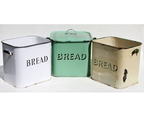 Three 1950's enamel bread bins; a meat tenderiser, a mandolin and other similar items.