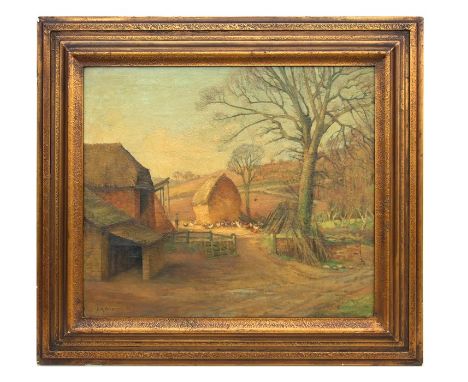 W K Hudson (early 20th century school) - Farmyard Scene with Chickens and a Haystack, The Mendips, Somerset - signed lower le