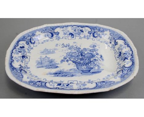 A blue &amp; white transfer printed pottery Oriental Vases pattern meat platter, 48cms (19ins) diameter.