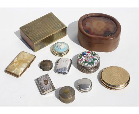A wooden trinket box, the lid inset with an agate panel, 13cms (5ins) wide; together with a silver Vesta case; other Vesta ca