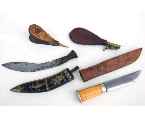 A 19th century brass and leather powder flask, the pouch embossed with dead game; together with a kukri, the scabbard with br