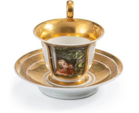 Tasse mit Genreszene und Tasse auf Untertasse mit Hausmalerei  Meissen, M. 19. Jh. bzw. KPM Berlin, um 1870/73 a) Glockenbech